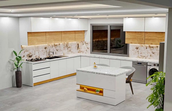 کابینت های گلاس سفید و طرح چوب