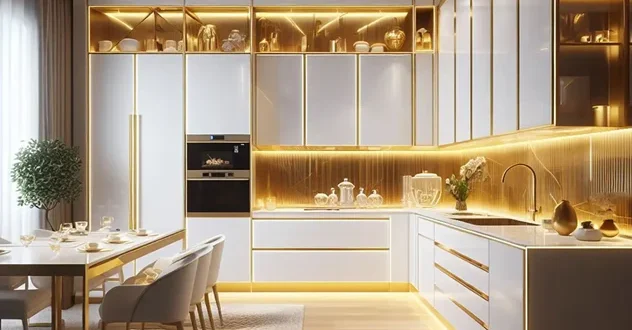 کابینت های گلاس سفید طلایی